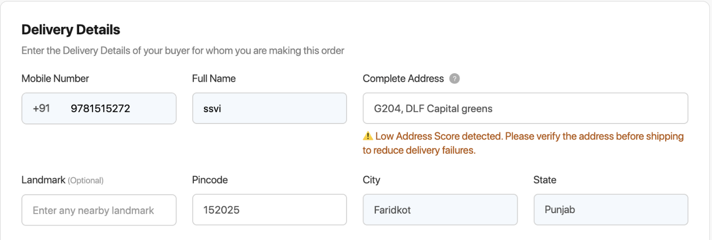 Address quality warning at order creation
