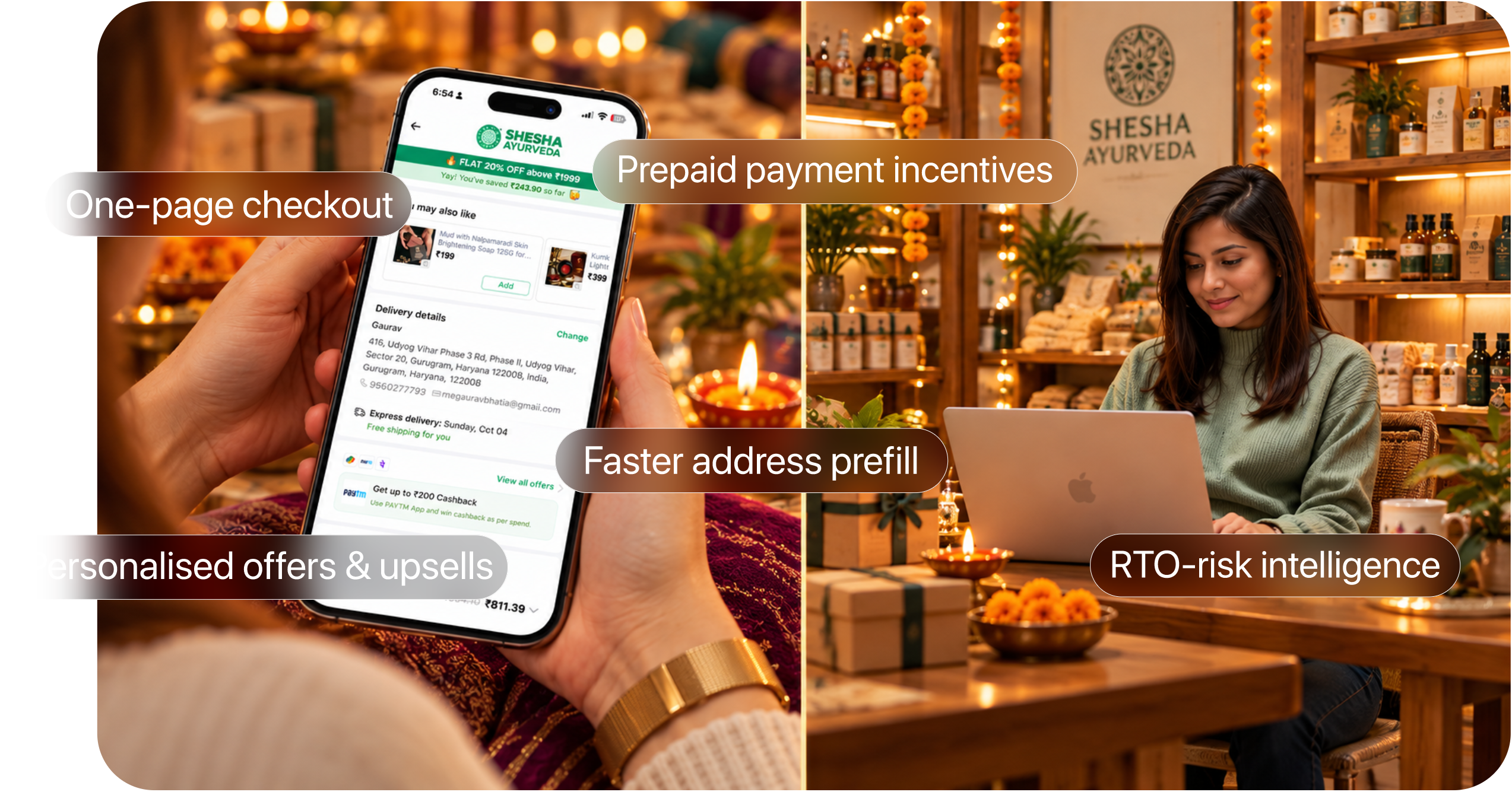 A shopper checking out on a phone and a seller at a laptop, with what Shiprocket Checkout adds: one-page checkout, prepaid payment incentives, faster address prefill, personalised offers and upsells, and RTO-risk intelligence.