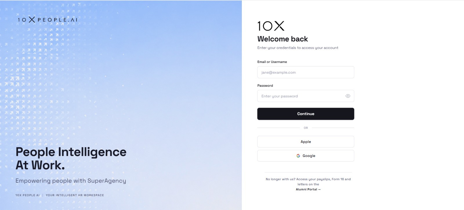 10X People.AI intelligent HR workspace sign-in